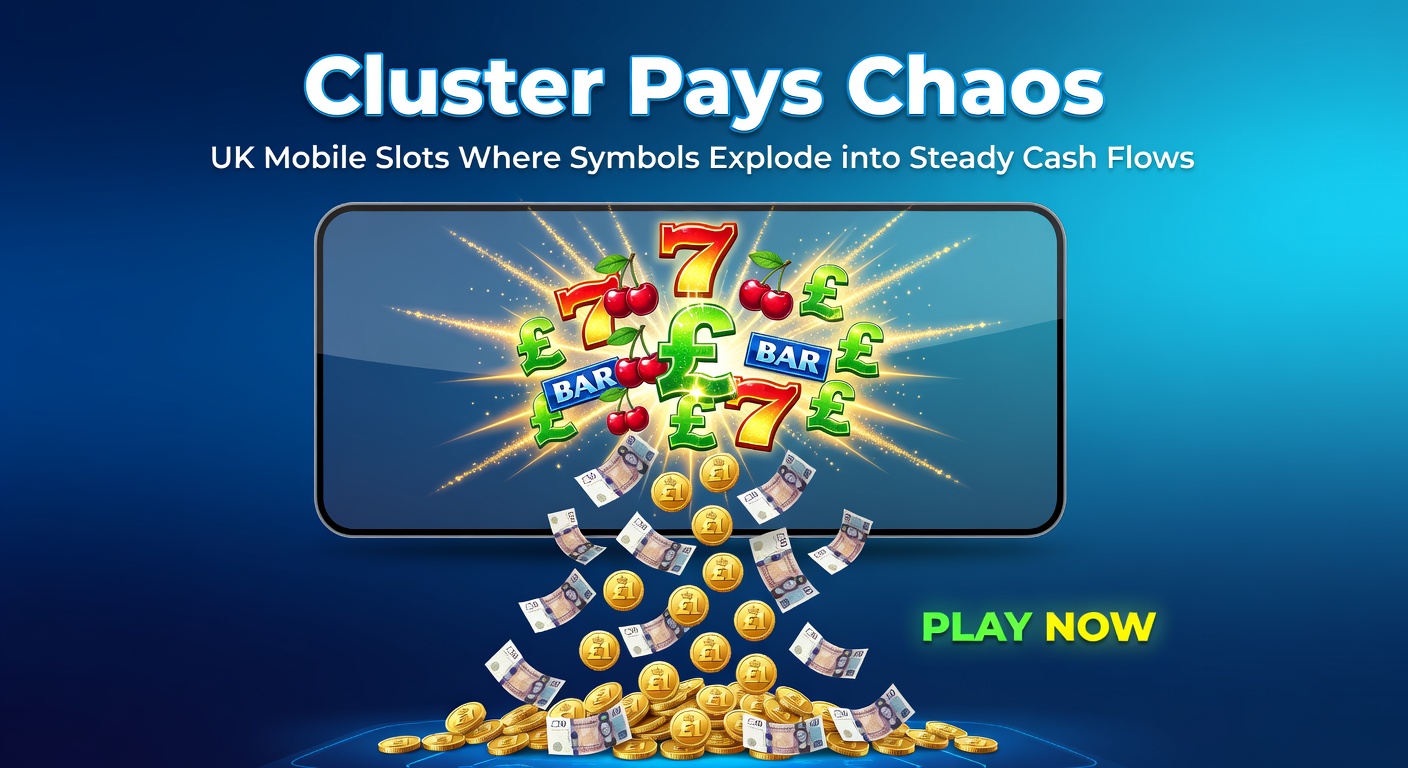 Vibrant cluster pays slot screen showing exploding symbols and cascading wins on a mobile device