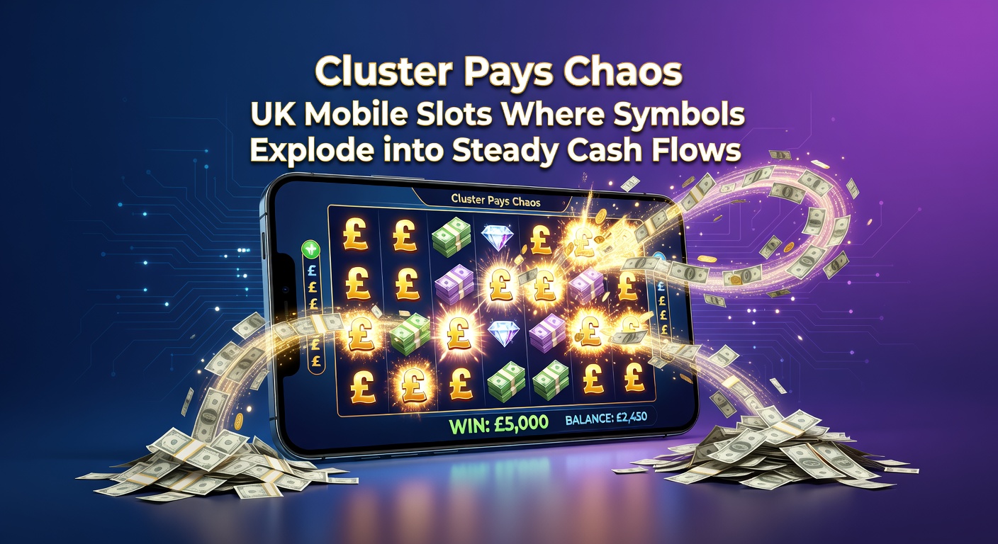 Close-up of a cluster pays slot cascade with exploding symbols, multipliers building, and coins raining on a UK mobile casino app
