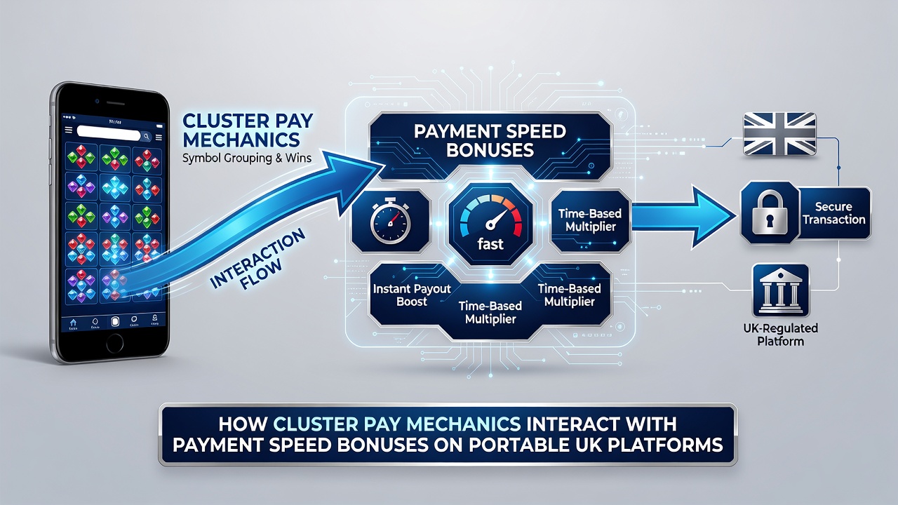 Split screen view of cluster symbol cascades next to fast payment processing dashboard on a smartphone