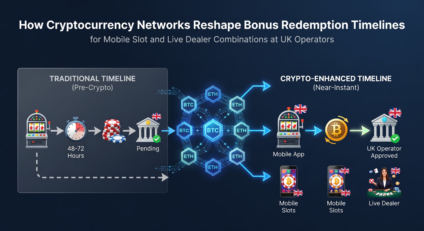 Cryptocurrency networks and blockchain connections illustrated alongside mobile slot games and live dealer tables at UK operators