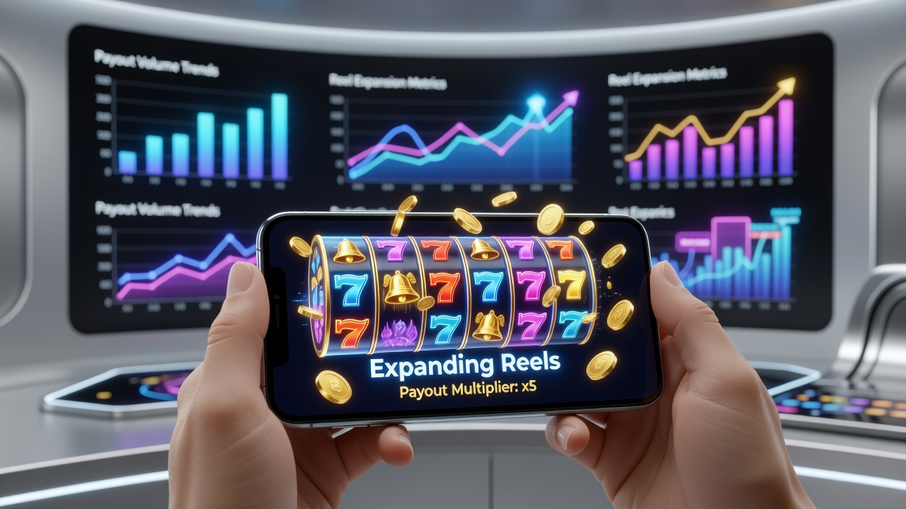 Close-up view of a smartphone screen showing multiple expanded reels and updated win lines in a casino game