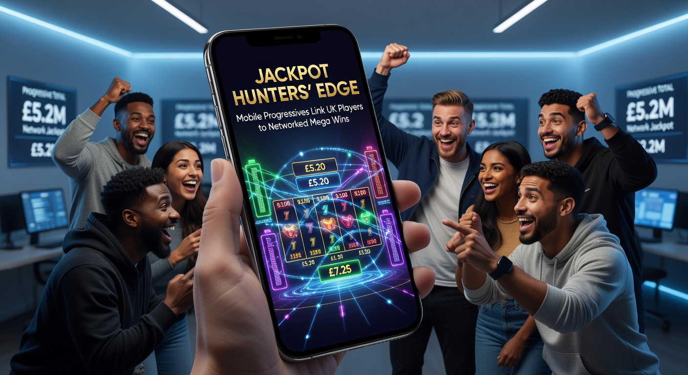 Vibrant mobile screen displaying a progressive jackpot counter ticking up amid colorful slot reels, symbolizing networked mega wins accessible to UK players