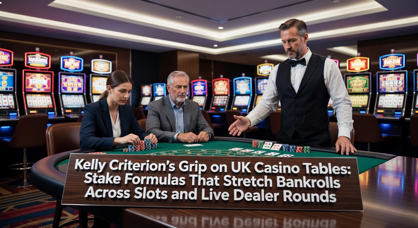 Visual representation of the Kelly Criterion formula overlaid on a casino table with chips and slot reels, illustrating stake sizing in action