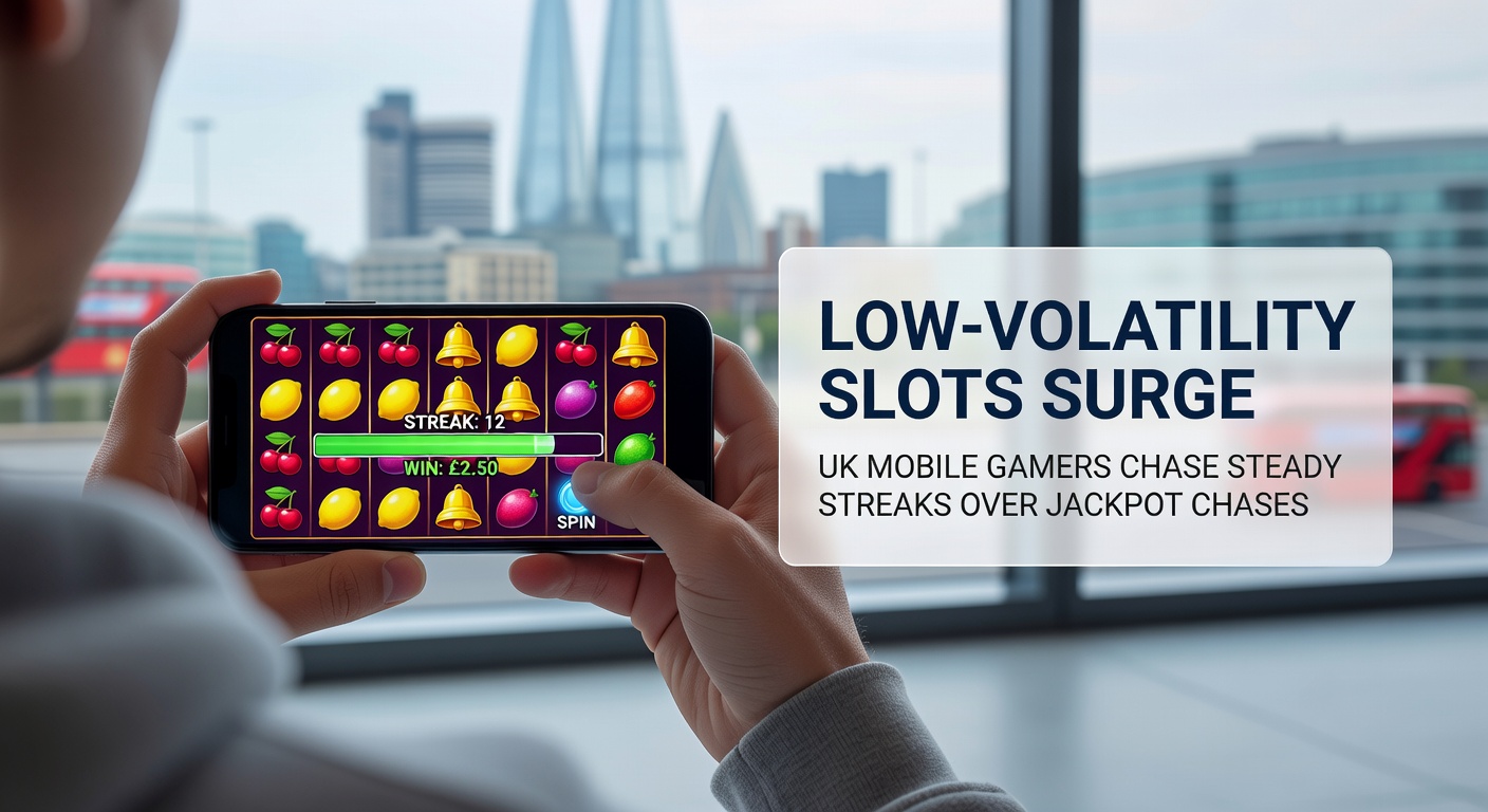 UK mobile gamers spinning low-volatility slots on smartphones during commutes, showing steady win streaks on vibrant screens