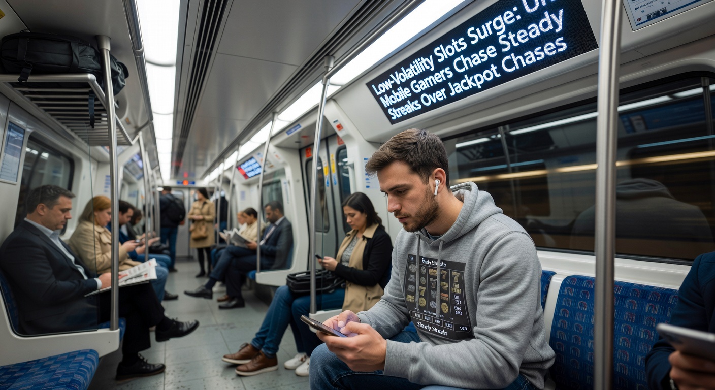 Charts and graphs displaying rising play rates for low-volatility slots among UK mobile users, with bar graphs comparing session times and win frequencies